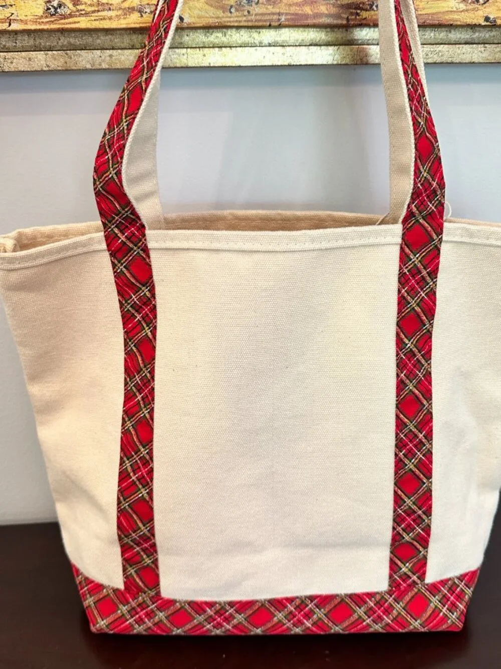 VTG Lands End Red Cream Classic Canvas Boat Tote Medium 16x12 - Picture 6 of 13